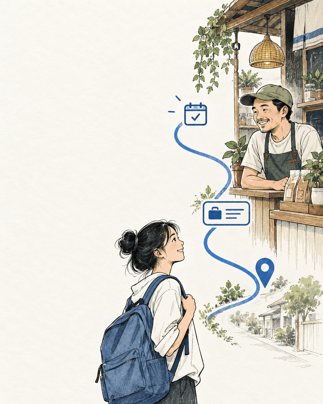 Minh họa sinh viên và chủ hộ kinh doanh được kết nối qua một hành trình công việc